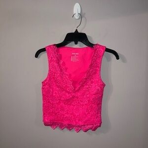Pink Lace Crop Top Hot pink floral detailed lace v neck tank top Reoria Small